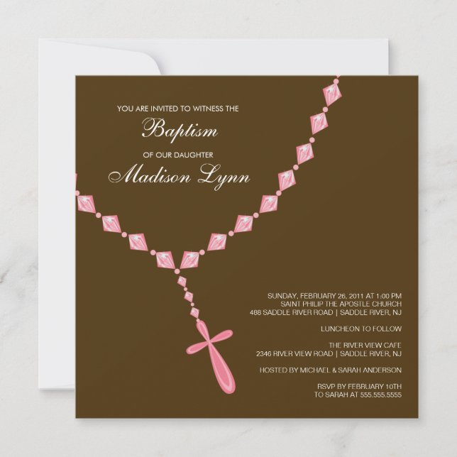 Brown & Pink Rosary Baby Girl Taufe Einladung (Vorderseite)