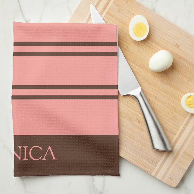  Brown Pink Stripes Script Name Kitchen Towels Geschirrtuch (Viertel Falte)
