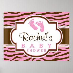 Brown, Pink Zebra Stripes Animal Print Baby Shower Poster