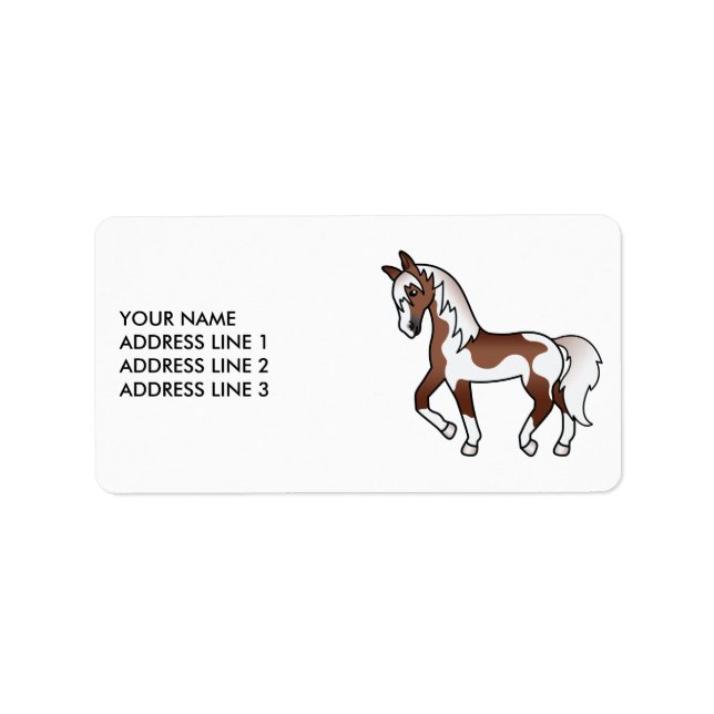 Brown Pinto Cartoon Trotting Horse & Custom Text Adressaufkleber (Vorne)