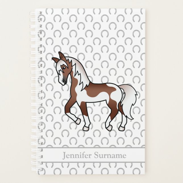 Brown Pinto Cartoon Trotting Horse & Custom Text Planer (Vorderseite)