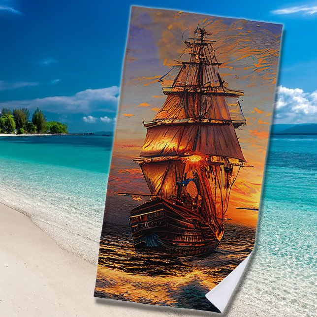 Brown Pirate Sailing Ship Blue Orange Sky Strandtuch (Von Creator hochgeladen)