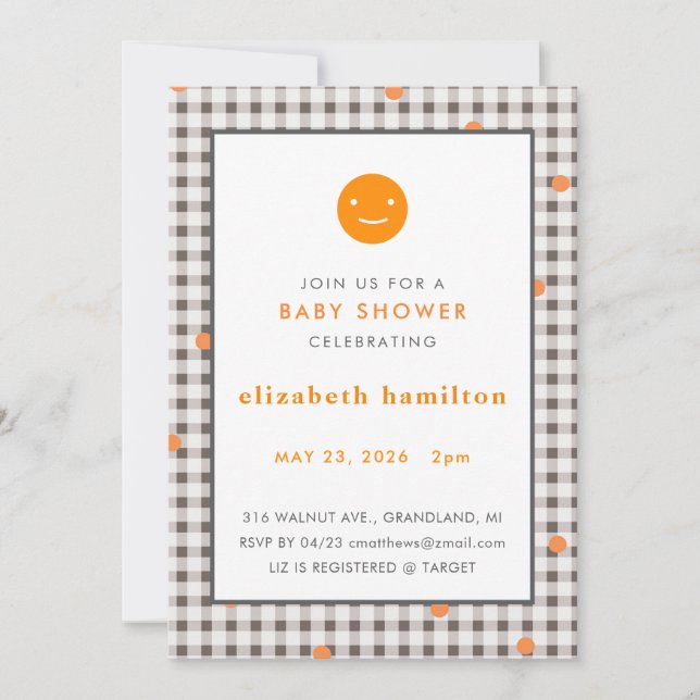 Brown Plaid & Orange Dots Baby Shower Invitation Einladung (Vorderseite)
