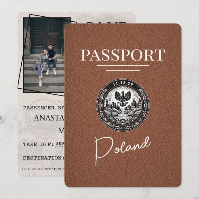 Brown Poland Passport Save the Date (Vorne/Hinten)