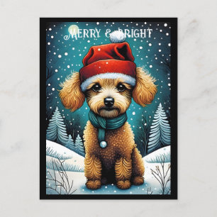 Brown Poodle Snowy Meadow Santa Puppy Holiday Postkarte