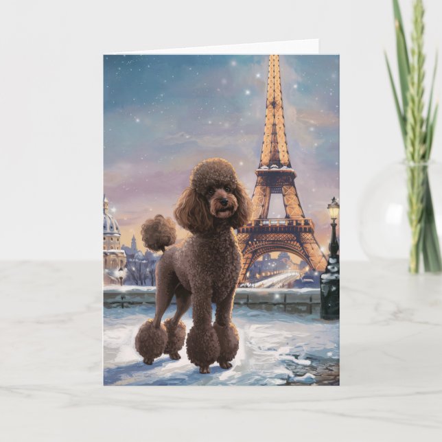 Brown Poodle Winter in Paris Malerei Kunst Karte (Vorderseite)
