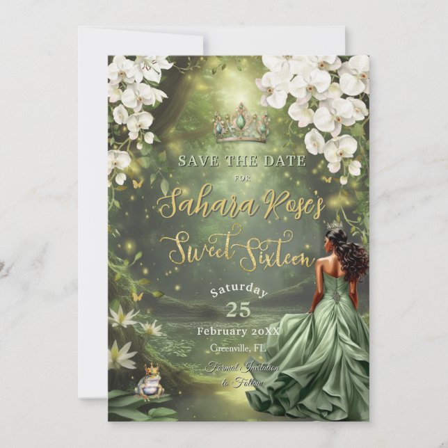 Brown Princess and Frog Sage Green Dress Sweet 16  Save The Date (Vorderseite)