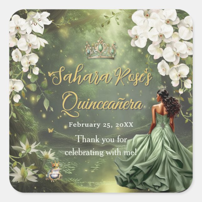 Brown Princess and Frog Sage Green Quinceanera 16 Quadratischer Aufkleber (Vorderseite)