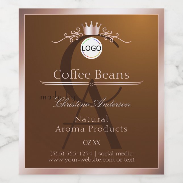 Brown Product Label Rosegold Frame Logo Monogram Weinetikett (Einzelnes Label)