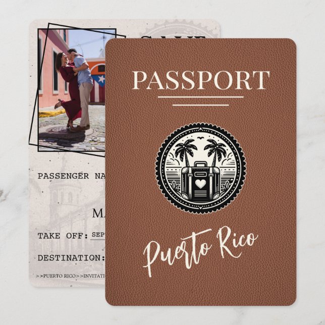 Brown Puerto Rico Passport Save The Date (Vorne/Hinten)