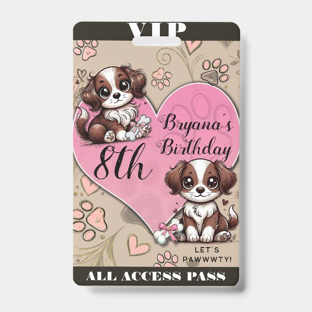 Brown Puppy Dog Pink Paw & Heart Birthday VIP Pass Ausweis (Vorderseite)
