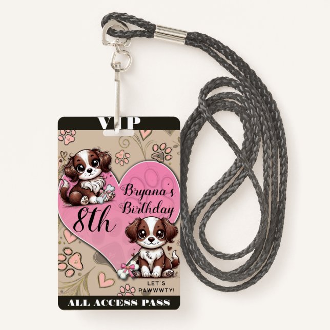 Brown Puppy Dog Pink Paw & Heart Birthday VIP Pass Ausweis (Vorderseite mit Schlüsselband)