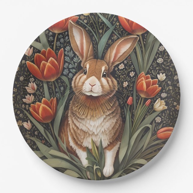 Brown Rabbit Red Tulips William Morris Inspiriert Pappteller (Vorderseite)