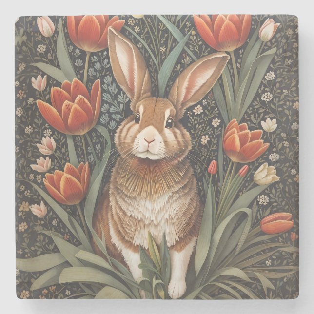 Brown Rabbit Red Tulips William Morris Inspiriert Steinuntersetzer (Vorderseite)