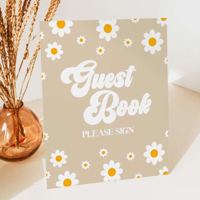 Brown Retro Daisy Blume Guest Book Party Sign Sockelschild (Von Creator hochgeladen)