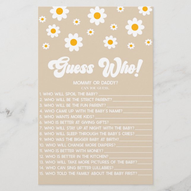 Brown Retro Daisy Ratet Wer! Baby Shower Game Briefpapier (Vorderseite)