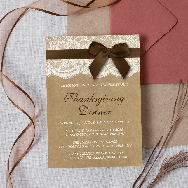 Brown Ribbon on Kraft & Lace Erntedank Dinner Einladung (Von Creator hochgeladen)