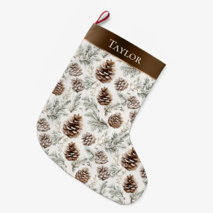 Brown Ribbon Silver Christmas Pine Cones Großer Weihnachtsstrumpf