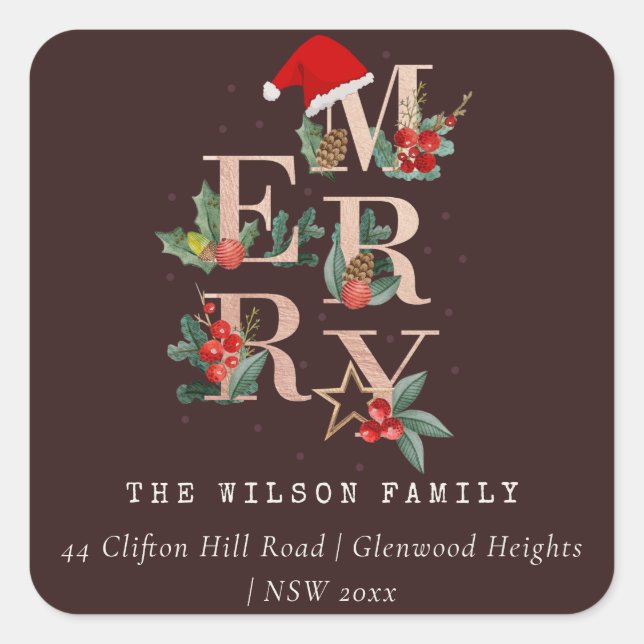 Brown Rose Gold Frohe Weihnachtsfolienadresse Quadratischer Aufkleber (Vorderseite)