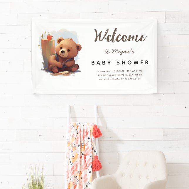 Brown Rustic Cub Bear Baby Dusche Banner (Insitu)