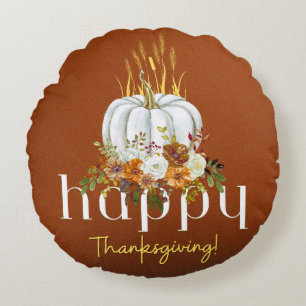 Brown Rustic Happy Thanksgiving Floral Pumpkin Rundes Kissen