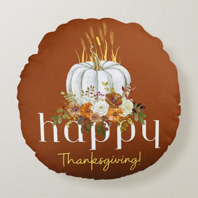 Brown Rustic Happy Thanksgiving Floral Pumpkin Rundes Kissen (Vorderseite)