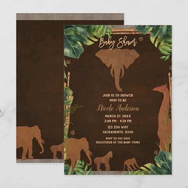 Brown Safari Jungle Zoo Animals Baby Dusche Einladung (Vorne/Hinten)
