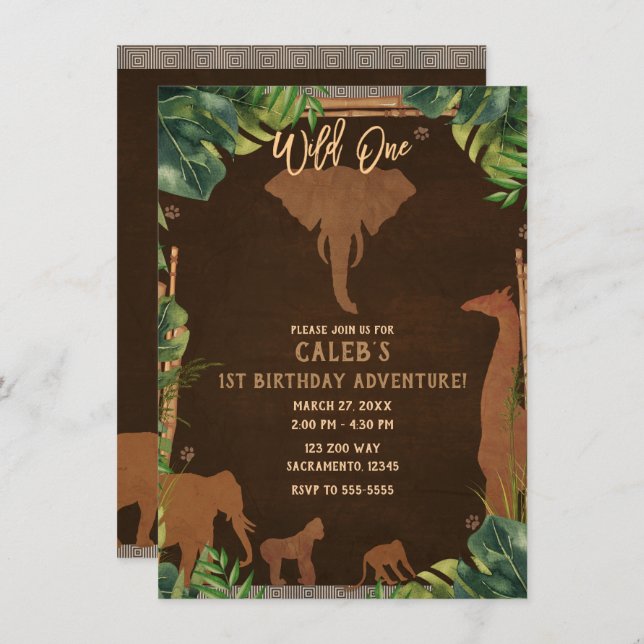 Brown Safari Jungle Zoo Animals WILD EIN 1. Party Einladung (Vorne/Hinten)