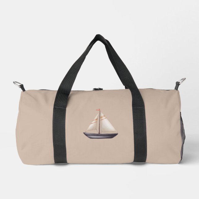 Brown Sailing Boat and Name on Beige Duffle Bag (Vorderseite)