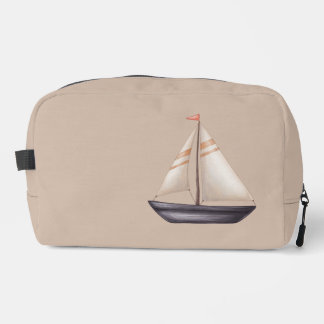 Brown Sailing Boat and Name on Beige Waschbeutel