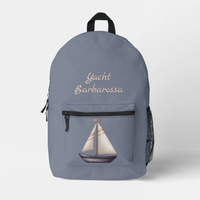 Brown Sailing Boat and Name on Gray Bedruckter Rucksack (Vorderseite)