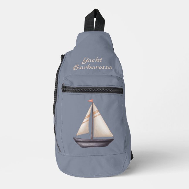 Brown Sailing Boat and Name on Gray Crossbody Bag (Vorderseite)