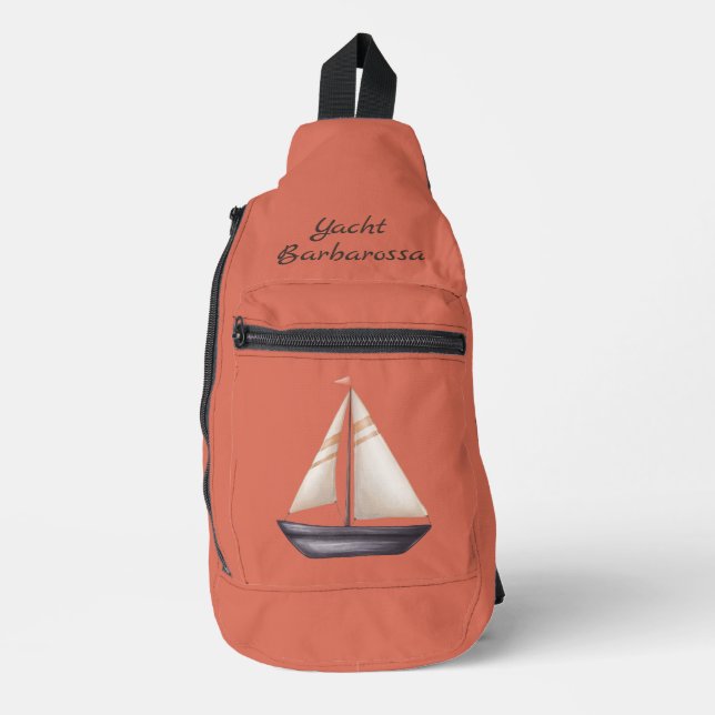 Brown Sailing Boat and Name on Red Crossbody Bag (Vorderseite)