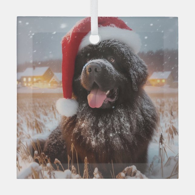 Brown Santa Newf Sitting in Snow Ornament (Vorderseite)
