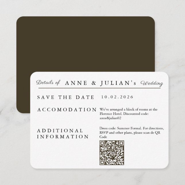 Brown Simple Wedding Invitation Details Card RSVP Karte (Vorne/Hinten)