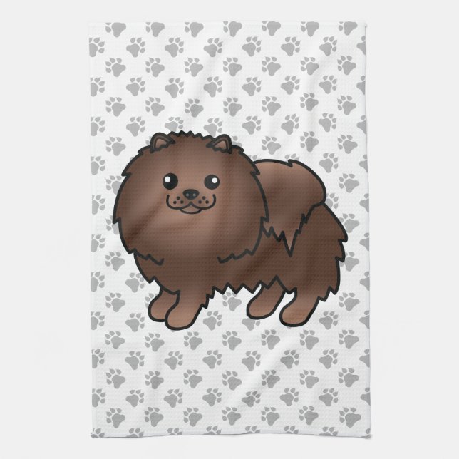 Brown Spitz Niedlich Cartoon Dog & Paws Geschirrtuch (Vertikal)