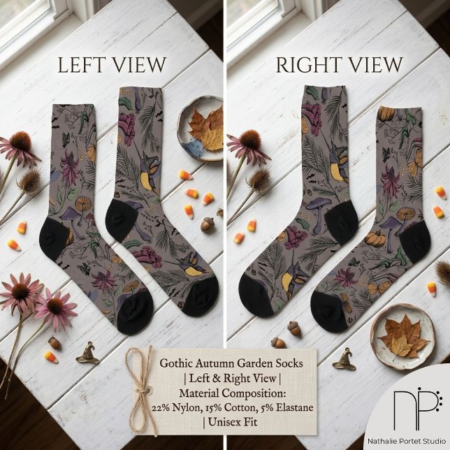 Brown Spooky Halloween Hummingbird Garden Socken (Hand drawn hummingbird and wildflower ink art socks with a chic noir aesthetic)