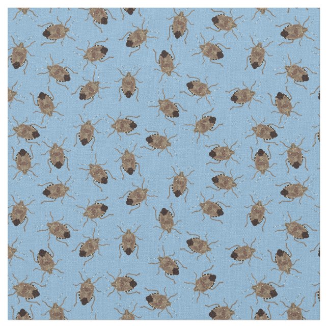 Brown Stink Bugs Illustrationen auf Blue Gemustert Stoff (Nahaufnahme)