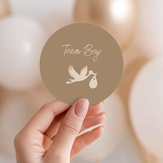 Brown Stork Baby Delivery Gender Reveal Team Boy Runder Aufkleber (Von Creator hochgeladen)