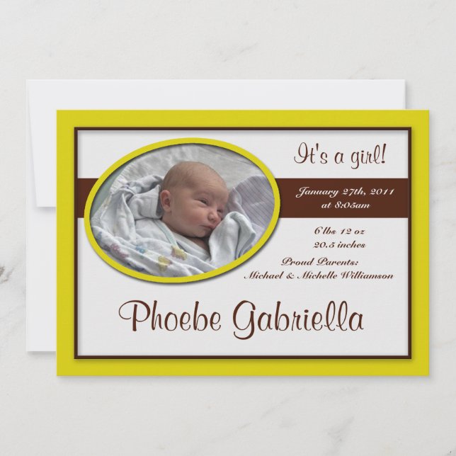 Brown Stripe Yellow Birth Ankündigungen (Vorderseite)