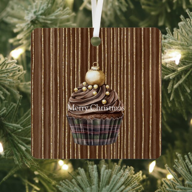 Brown Stripes Gold Ornament Christmas Cupcake   (InSitu)