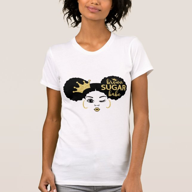 Brown Sugar Babe in Schwarz und Gold T-Shirt (Vorderseite)