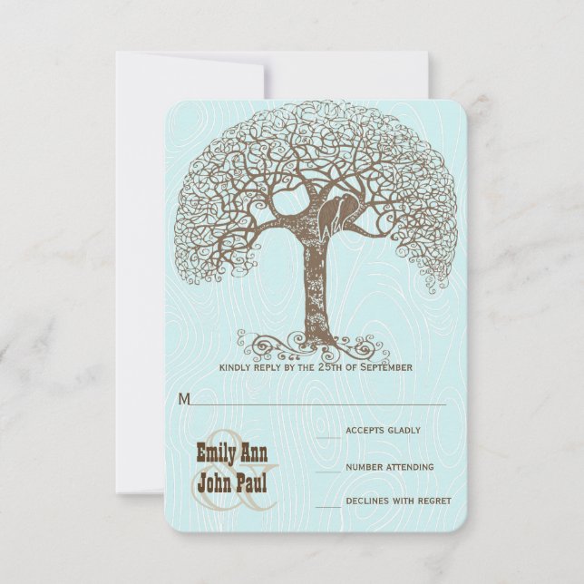 Brown Swirl Tree Aqua Woodgrain Wedding RSVP (Vorderseite)