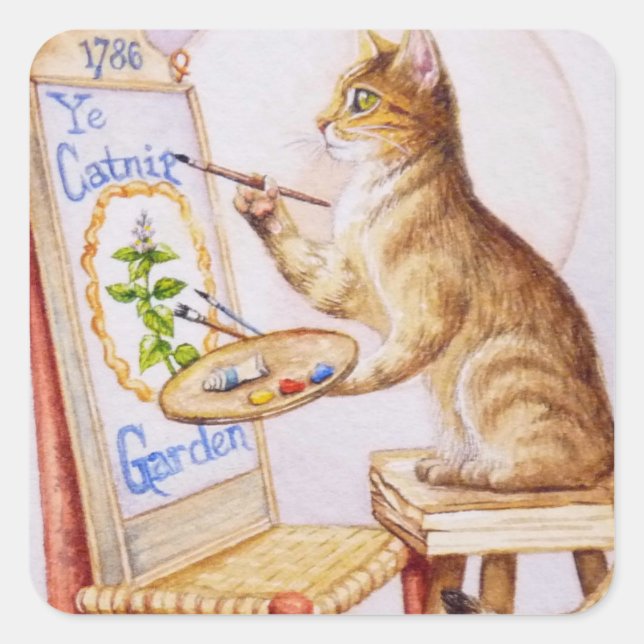 Brown Tabby Artist Cat Malerei Wasserfarben Quadratischer Aufkleber (Vorderseite)