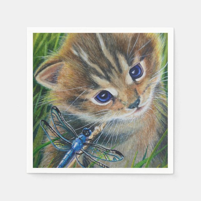 Brown Tabby Kitten & Dragonfly Serviette (Vorderseite)