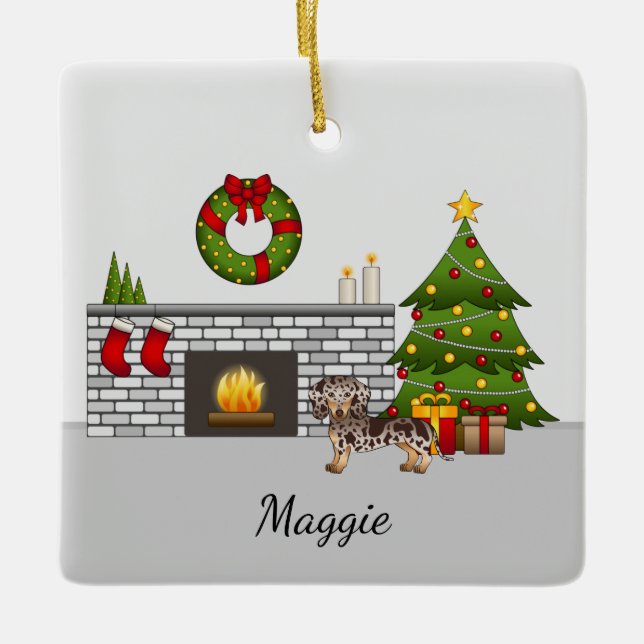Brown & Tan Dapple Kurz Hair Dackel Weihnachten Keramikornament (Vorderseite)