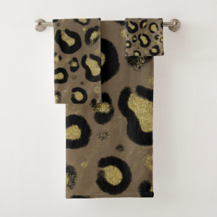 Brown Tan Gold Glitzer Black Leopard Cheetah Print Badhandtuch Set