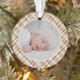 Brown Tan Kariert Tartan Foto Weihnachts-Keepake Ornament