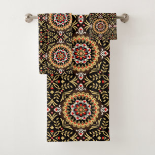 Brown TAN und Rost-Volkskunst mit Blumen Badhandtuch Set