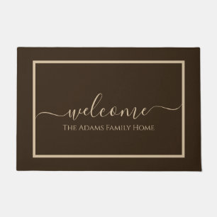Brown Taupe Elegante Script Familienname Willkomme Fußmatte